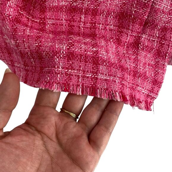 Zara Women’s S Oversized Shirt Jacket Pink Bouclee Plaid Tweed Fringe Hem Barbie - Picture 6 of 10